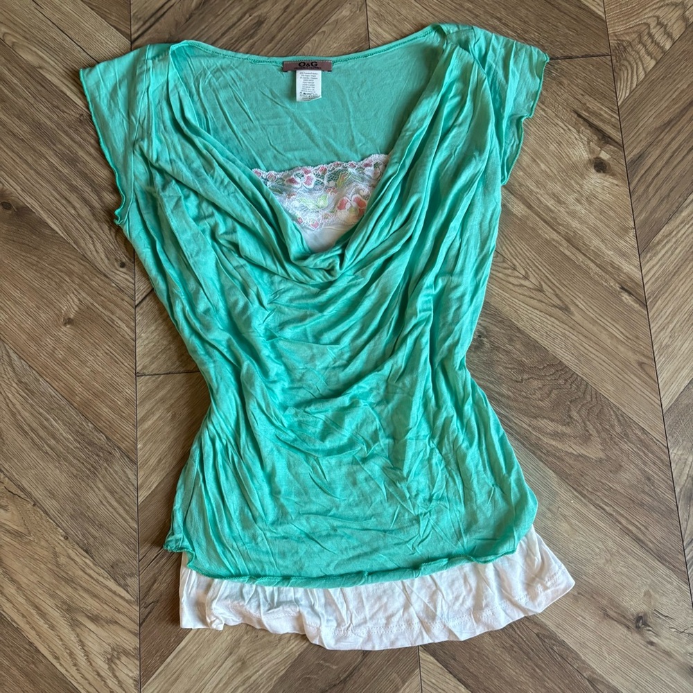 O & G Green Cowl Neck Double Layered Top with White Lace Camisole